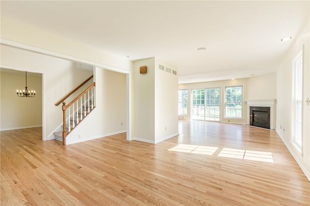 Empty room, Fireplace, Interior, Recessed Lighting, Wood Texture Flooring