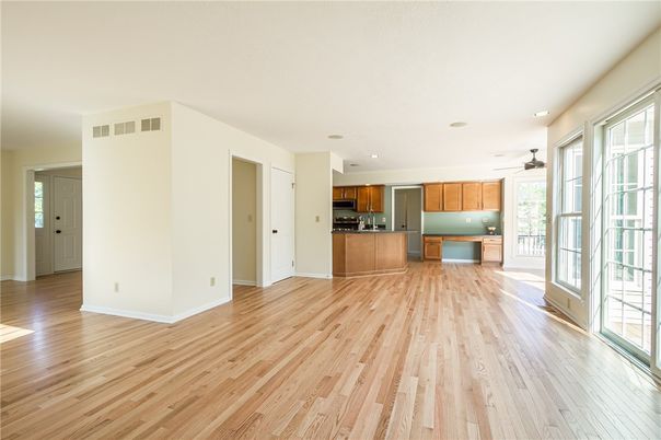 Empty room, Interior, Kitchen, Recessed Lighting, Wood Texture Flooring