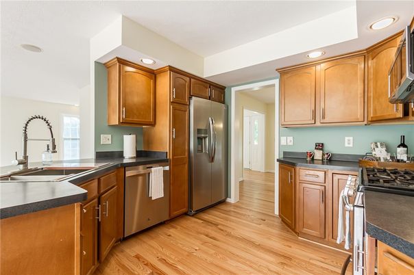 Interior, Kitchen, Recessed Lighting, Stainless Steel Appliances, Wood Texture Flooring