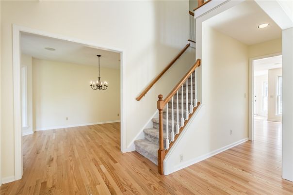 Chandelier, Empty room, Interior, Recessed Lighting, Wood Texture Flooring