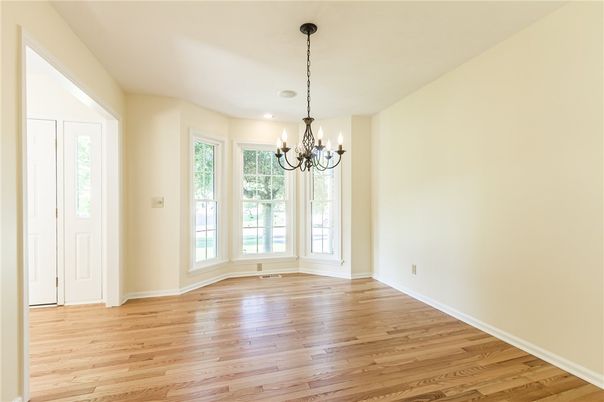 Chandelier, Empty room, Interior, Recessed Lighting, Wood Texture Flooring