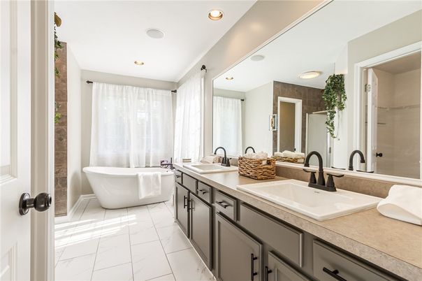 Bathroom, Dual Sink Vanities, Free Standing Baths, Interior, Marble, Recessed Lighting