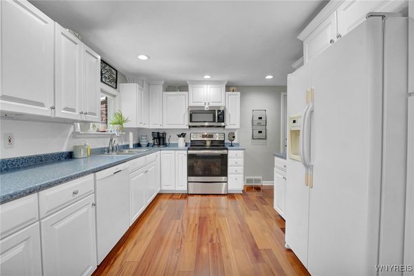 Interior, Kitchen, Recessed Lighting, Stainless Steel Appliances, Wood Texture Flooring