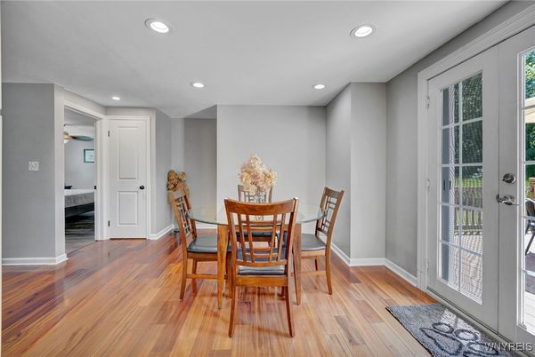 Dining room, Interior, Recessed Lighting, Wood Texture Flooring