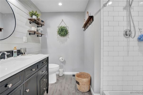 Bathroom, Interior, Recessed Lighting, Wood Texture Flooring