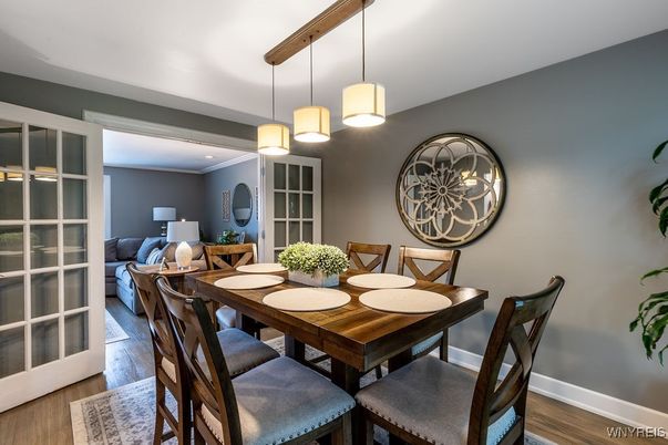 Dining room, Interior, Pendant Lights, Wood Texture Flooring
