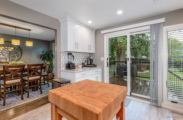 Dining room, Interior, Kitchen, Pendant Lights, Recessed Lighting, Wood Texture Flooring