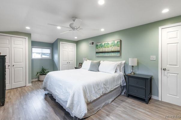 Bedroom, Interior, Recessed Lighting, Wood Texture Flooring