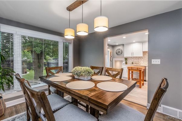 Dining room, Interior, Pendant Lights, Recessed Lighting, Wood Texture Flooring