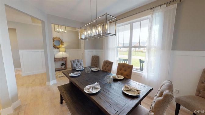 Dining room, Interior, Pendant Lights, Wood Texture Flooring