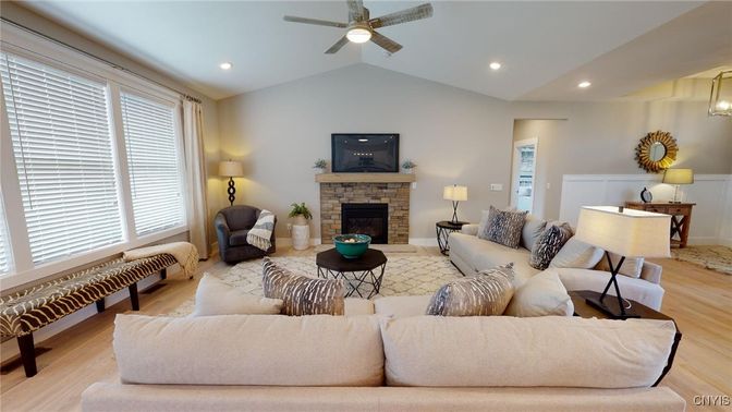 Fireplace, Interior, Living room, Recessed Lighting, Wood Texture Flooring