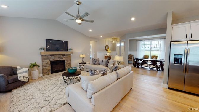 Dining room, Fireplace, Interior, Kitchen, Living room, Recessed Lighting, Stainless Steel Appliances, Wood Texture Flooring