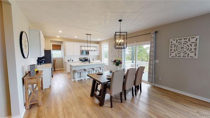 Chandelier, Dining room, Interior, Kitchen, Pendant Lights, Recessed Lighting, Wood Texture Flooring