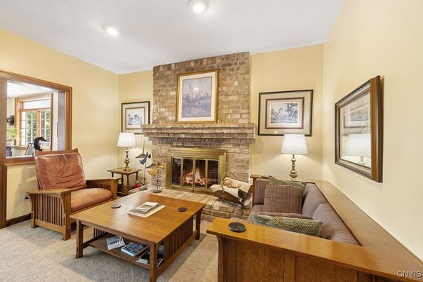 Fireplace, Interior, Living room, Recessed Lighting, Stone Walls