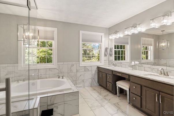 Bathroom, Dual Sink Vanities, Glass Shower, Interior, Marble, Pendant Lights