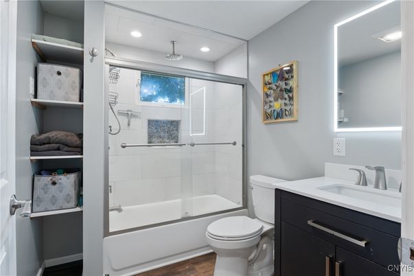 Bathroom, Glass Shower, Interior, Recessed Lighting, Wood Texture Flooring