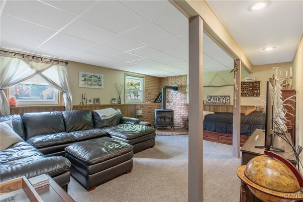 Fireplace, Interior, Living room, Recessed Lighting, Stone Walls