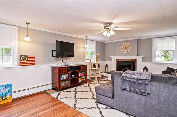 Fireplace, Interior, Living room, Pendant Lights, Wood Texture Flooring