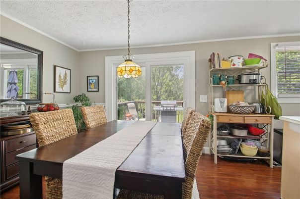 Dining room, Interior, Pendant Lights, Wood Texture Flooring