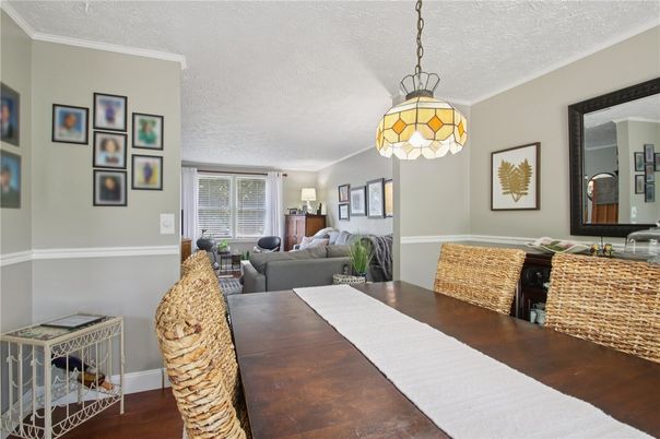 Dining room, Interior, Living room, Pendant Lights, Wood Texture Flooring