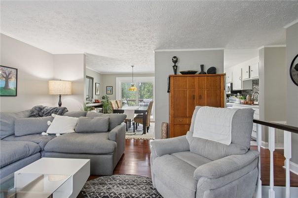 Dining room, Interior, Living room, Pendant Lights, Wood Texture Flooring