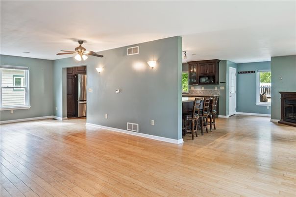 Empty room, Fireplace, Interior, Kitchen, Wood Texture Flooring