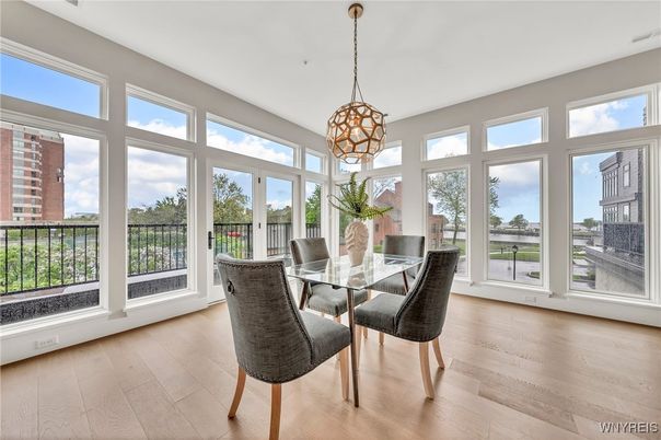 Dining room, Interior, Pendant Lights, Wood Texture Flooring