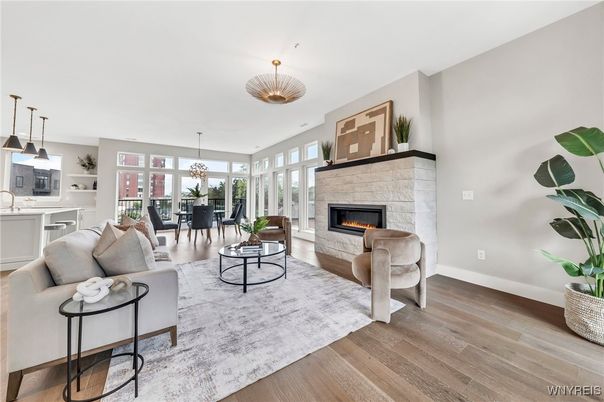 Chandelier, Dining room, Fireplace, Interior, Living room, Pendant Lights, Wood Texture Flooring