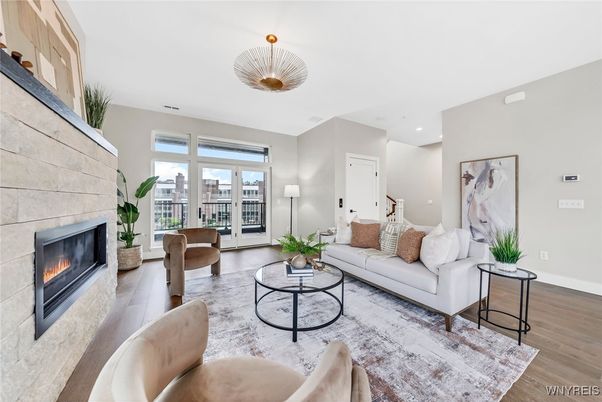 Fireplace, Interior, Living room, Recessed Lighting, Wood Texture Flooring