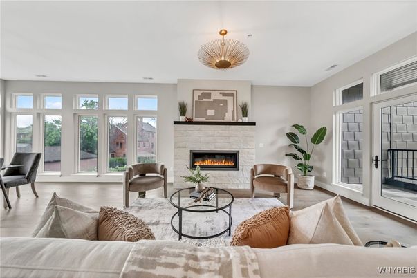 Fireplace, Interior, Living room, Pendant Lights, Wood Texture Flooring