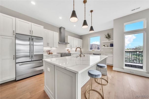 Interior, Kitchen, Pendant Lights, Recessed Lighting, Stainless Steel Appliances, Wood Texture Flooring