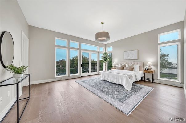 Bedroom, Interior, Pendant Lights, Wood Texture Flooring