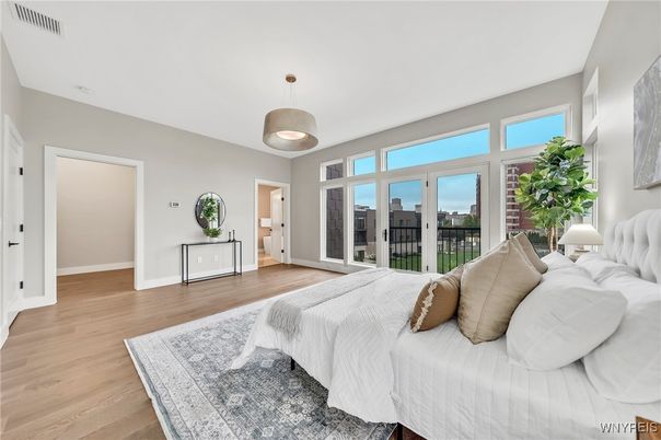 Bedroom, Interior, Pendant Lights, Wood Texture Flooring