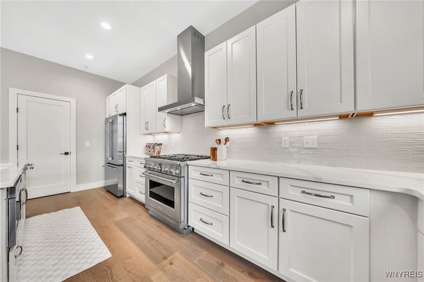 Interior, Kitchen, Recessed Lighting, Stainless Steel Appliances, Wood Texture Flooring