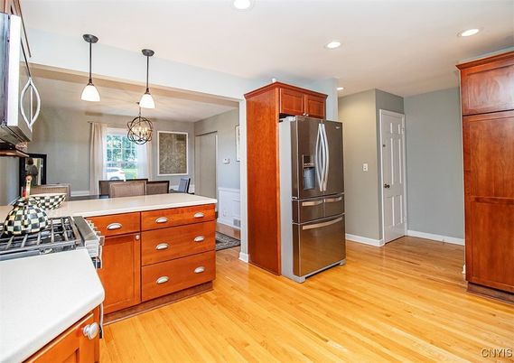 Interior, Kitchen, Pendant Lights, Recessed Lighting, Wood Texture Flooring
