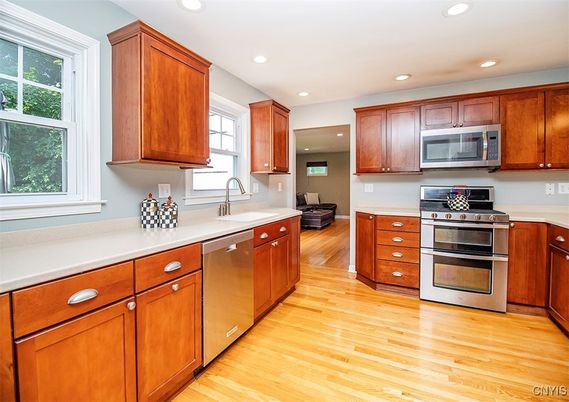 Interior, Kitchen, Recessed Lighting, Stainless Steel Appliances, Wood Texture Flooring