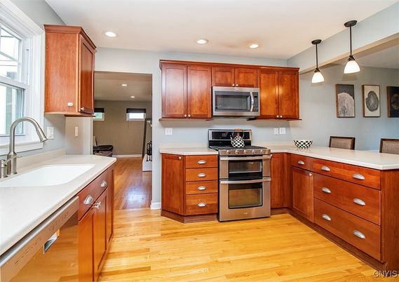 Interior, Kitchen, Pendant Lights, Recessed Lighting, Stainless Steel Appliances, Wood Texture Flooring