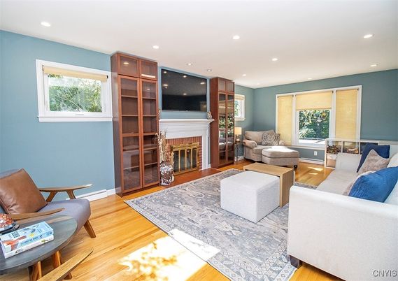 Fireplace, Interior, Living room, Recessed Lighting, Wood Texture Flooring