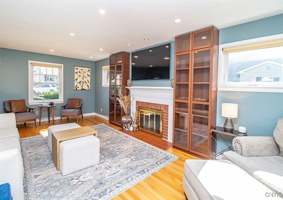 Fireplace, Interior, Living room, Recessed Lighting, Wood Texture Flooring