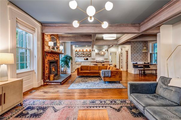 Dining room, Fireplace, Interior, Living room, Pendant Lights, Wood Texture Flooring