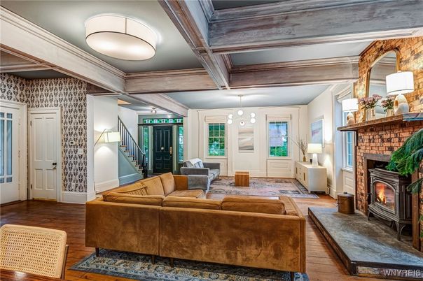 Fireplace, Interior, Living room, Pendant Lights, Wood Texture Flooring