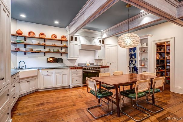 Dining room, Interior, Kitchen, Pendant Lights, Recessed Lighting, Stainless Steel Appliances, Wood Texture Flooring