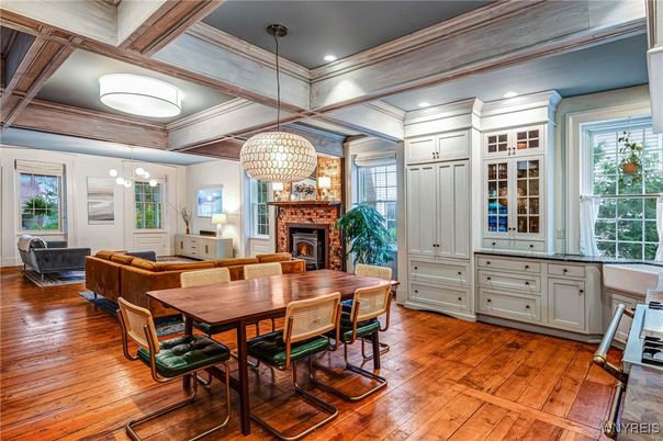 Dining room, Fireplace, Interior, Living room, Pendant Lights, Recessed Lighting, Wood Texture Flooring