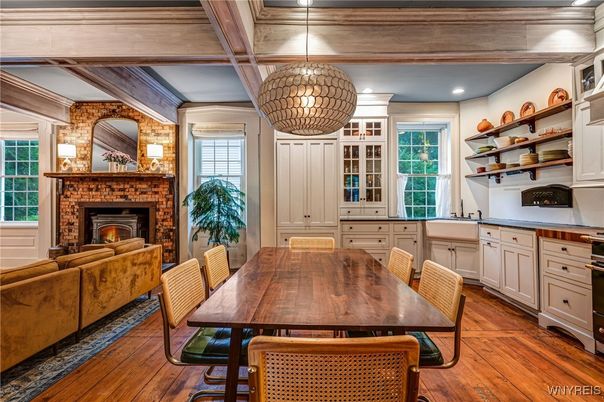 Dining room, Fireplace, Interior, Living room, Pendant Lights, Recessed Lighting, Wooden Beams, Wood Texture Flooring