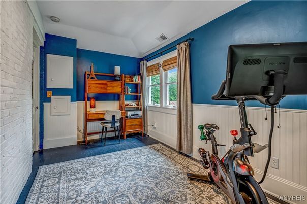 Fitness Equipment, Home Office, Interior, Stone Walls, Wood Texture Flooring