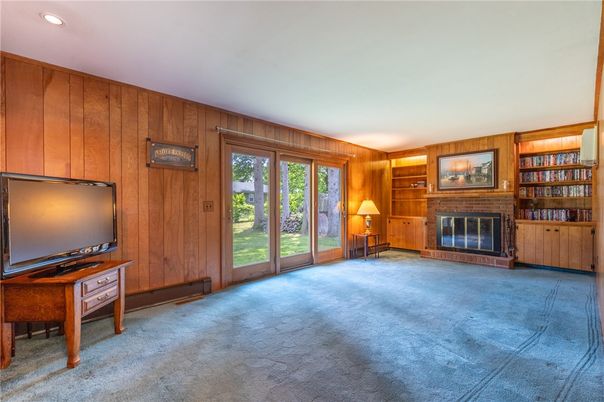 Empty room, Fireplace, Interior, Recessed Lighting, Wooden Walls