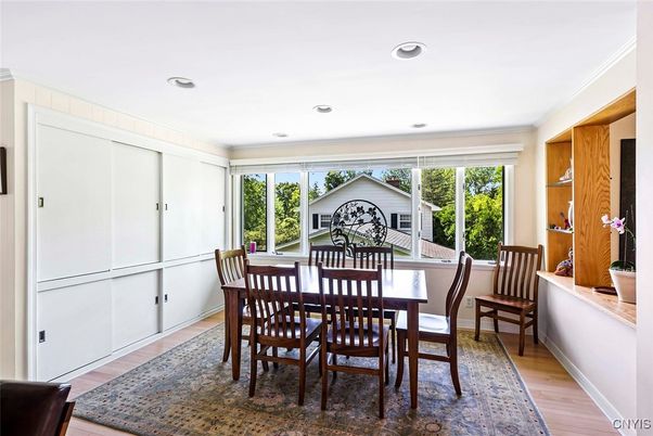 Dining room, Interior, Recessed Lighting, Wood Texture Flooring