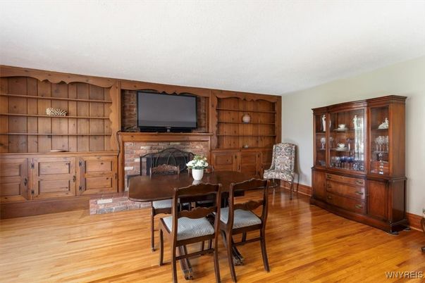 Dining room, Fireplace, Interior, Wood Texture Flooring, Wooden Walls