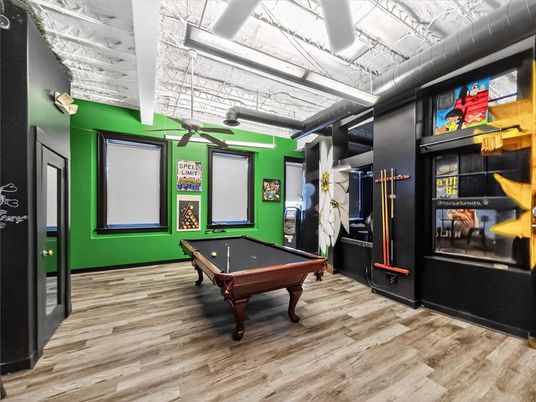 Billiard Table, Game Room, Interior, Projection Screen, Wood Texture Flooring