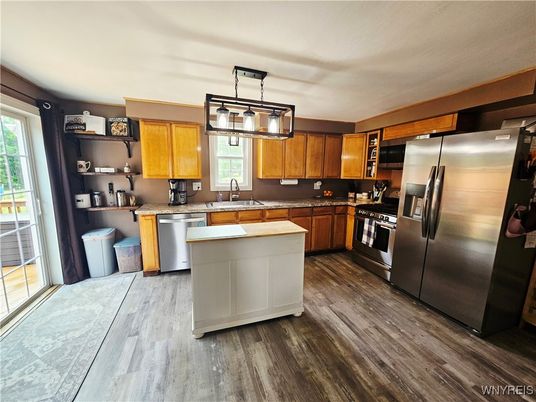 Interior, Kitchen, Pendant Lights, Stainless Steel Appliances, Wood Texture Flooring